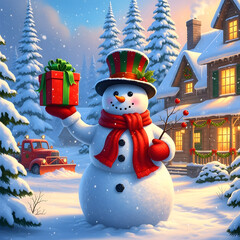 Whimsical Christmas Snowman in Snow-Covered Village