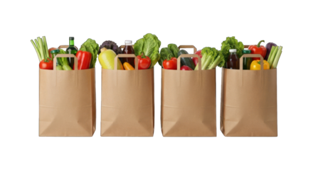 Full paper grocery bags stand in a row, filled with diverse fresh produce