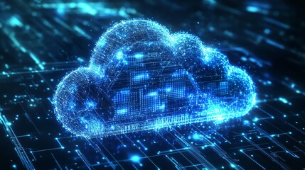 Blue luminescent cloud, data packets, binary code, network nodes, server farm silhouette, fiber optic cables, light pulses, technological grid, futuristic data center, abstract representation,