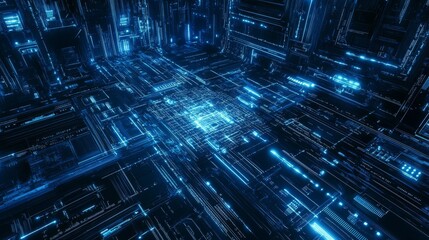 Blue technological backdrop, intricate patterns of circuits, light trails, digital code fragments, sense of movement and energy, high-tech visualization, 3D artwork