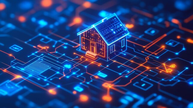 Abstract representation of smart home network, interconnected icons representing various devices and functions, data streams flowing between them, futuristic design, glowing lines and nodes,