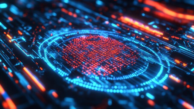 Biometric lock, glowing fingerprint sensor, binary code helix, DNA-like, data streams, orbiting, cybersecurity theme, futuristic technology, abstract representation, data protection, vibrant colors,