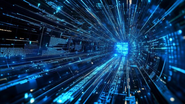 Blue technological backdrop, intricate patterns of circuits, light trails, digital code fragments, sense of movement and energy, high-tech visualization, 3D artwork