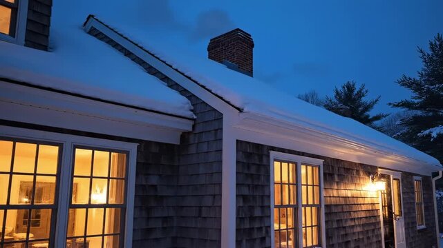 cape house - A cozy house glowing warmly from within, surrounded by a blanket of fresh snow under a serene blue evening sky, with chimney smoke gently rising and trees silhouetted in the background