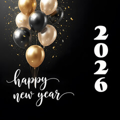 Luxurious New Year Greeting Card – Floating Balloons, Glitter Confetti, and Stylish Typography
