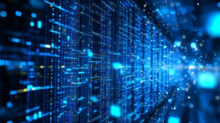 Deep blue backdrop, stylized server towers, luminous data pathways, geometric patterns, sense of speed and efficiency, abstract representation of data flow, high-tech, modern, detailed rendering.