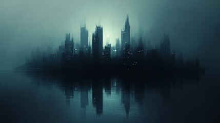 Delicate lines, tracing cityscape silhouette, illuminated buildings, reflecting in dark water, night scene, serene, ethereal, minimalist, abstract art, muted color palette