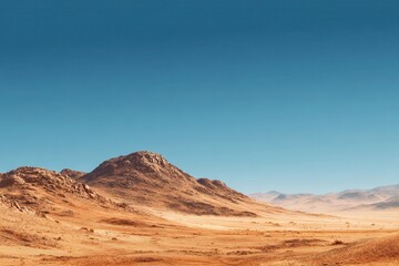 Fototapeta premium Expansive panoramic view of a tranquil desert landscape under a clear blue sky, showcasing rugged mountains and vast stretches of arid terrain