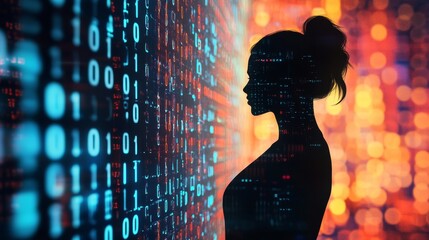 Female figure, silhouetted, against backdrop, binary code, network connections, global communication, data flow, abstract, sleek design, modern aesthetic, cool color palette