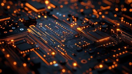 Obraz premium Intricate circuit board, glowing LEDs, copper traces, silicon chips, complex wiring, data flow visualization, dark background, technological aesthetic, close-up, detailed textures.