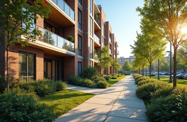 Fototapeta premium Modern apartment building exterior with landscaped path and green areas. Sunny day shot of contemporary residential architecture with trees. Urban living real estate property lifestyle concept.