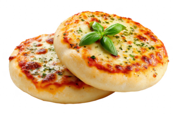 Golden baked cheese topped mini pizzas isolated on a transparent background