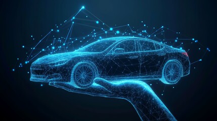 Low poly, 3D hand, cupped, holding a stylized car, dark blue backdrop, wireframe, glowing dots and lines, abstract shapes, constellation-like stars, sense of levitation, auto industry themes, rental,