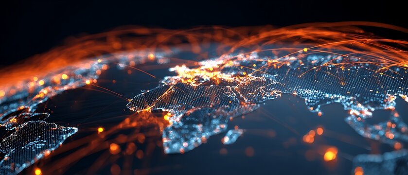 global cashless payment network, glowing data lines around world map, futuristic fintech theme