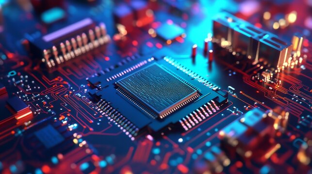 Close-up microchip, transistors, integrated circuit, semiconductor technology, nanotechnology, detailed structure, scientific visualization, electronic components, complex design.