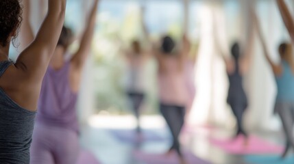 Group of people in a yoga class. they are all wearing workout clothes and are standing on pink yoga mats.