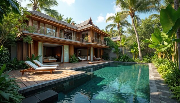 Modern wooden villa with private swimming pool, deck is in rich tropical garden. Palm trees, exotic plants create relaxing resort vibe for sunny day vacation in Asia. Eco luxury travel home design.