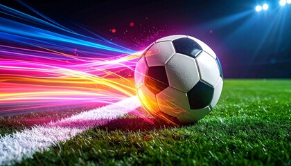 Obraz premium Vibrant soccer ball with dynamic glowing light streaks on a green stadium pitch under bright field lights.