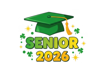 Festive senior 2026 graduation design with a green graduation cap, yellow text, clovers, and stars isolated on transparent background