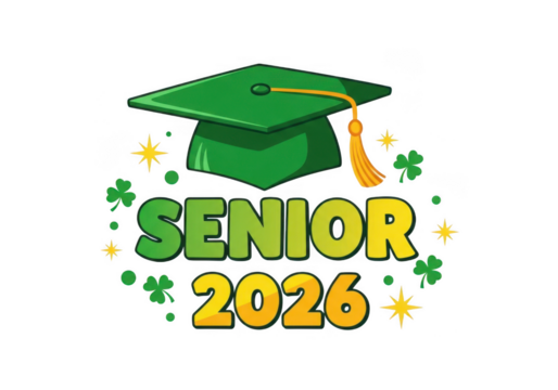 Festive senior 2026 graduation design with a green graduation cap, yellow text, clovers, and stars isolated on transparent background
