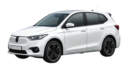 White hatchback car with dark wheels, neutral background