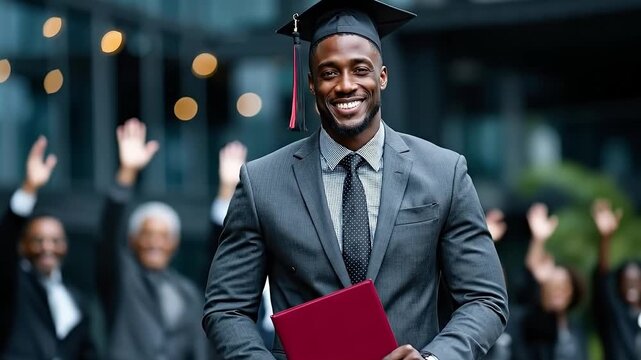 A man in a graduation cap and gown holding a red folder