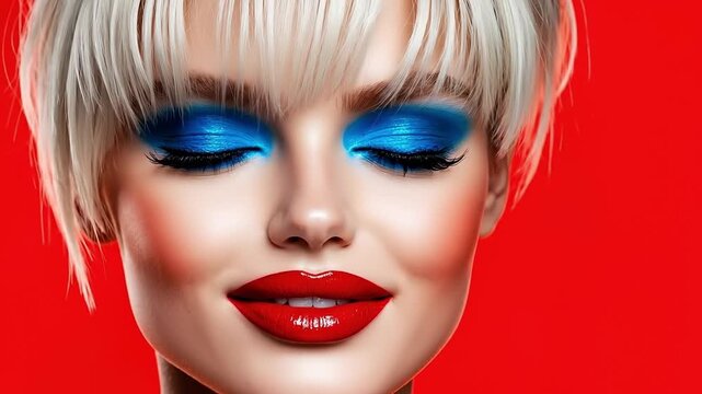 A woman with blue eyeshadow and red lipstick on a red background