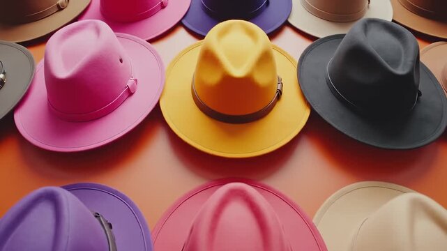 Display of Colorful Fedora Hats Arranged in Rows