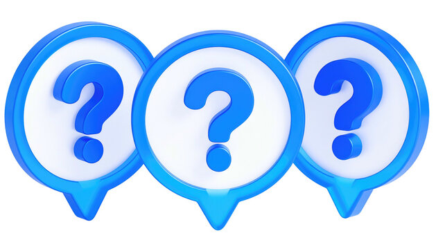 Three blue question marks in rounded white pointers with blue borders on a transparent background