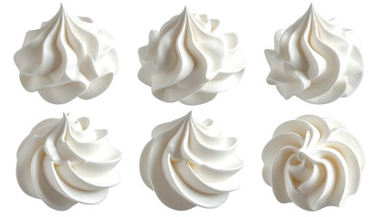 Swirls of six fluffy, white, piped cream against a plain backdrop