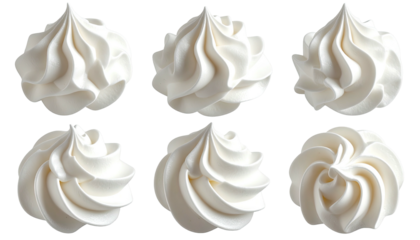 Swirls of six fluffy, white, piped cream against a plain backdrop