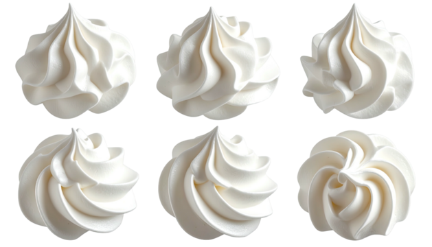 Swirls of six fluffy, white, piped cream against a plain backdrop
