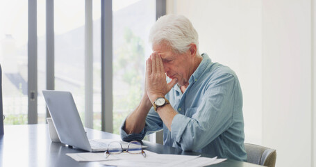 Headache, stress and old man in house with laptop, glitch or worry in retirement funds. Mental...