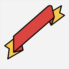 A red and yellow cartoon ribbon banner with black outline on a white background.