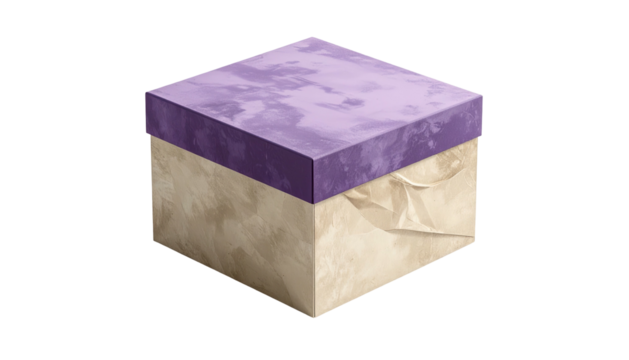 Isometrically rendered cube with textured beige bottom and lavender cloud-like top, depicted on a black background