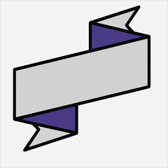 A gray and purple ribbon banner graphic with a black outline on a white background.