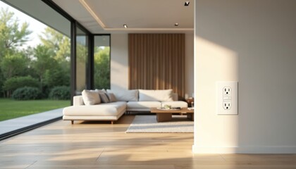 Fototapeta premium Modern living room interior. Electric wall outlet with light. Contemporary design features minimalist decor wood floor window and lush outdoor view. Sunlight creates bright airy feel.