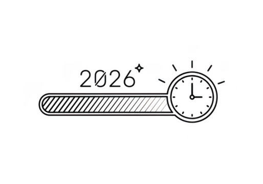 Loading bar 2026 with clock isolated on transparent background for new year progress, time management, and future anticipation concept
