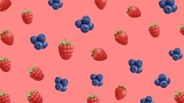 Pattern of mixed berries on pink background. Suitable for food blogs, summer promotions, and healthy lifestyle designs. Vibrant and cheerful.