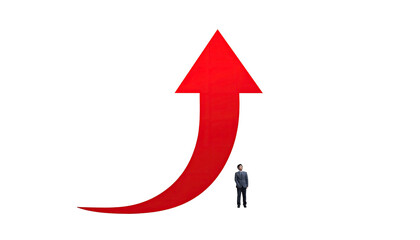 Small figure faces large curved upwards red arrow