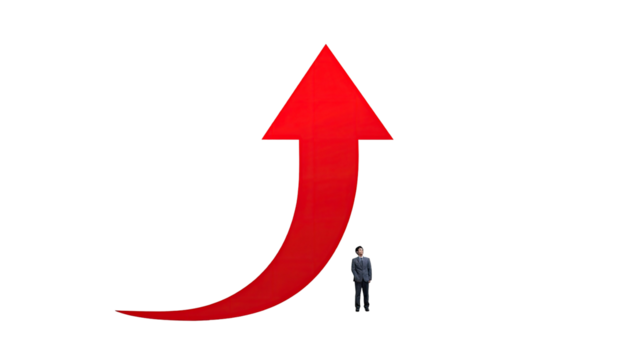 Small figure faces large curved upwards red arrow