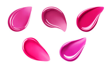 Burgundy teardrop swatches of liquid lipstick or gel nail polish. Set of cosmetics textures, dark pink with magenta shades. Isolated element with clear even edge on transparent background