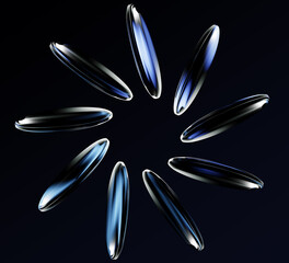 Neon glass loading circle 3d icon, progress bar indicator on dark background. Transparent ui element, circular effect with glowing blue light gradient texture. Modern graphic design. 3D illustration