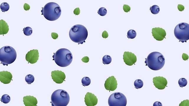 Repeating pattern of blueberries and green leaves suitable for food packaging, wallpaper, fabric design, and kitchen decor themes.