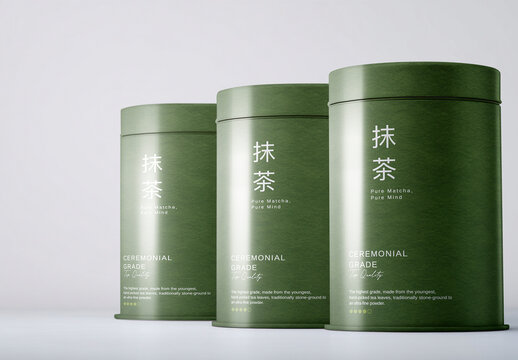 Japanese Green Matcha Tea Containers Mockup PSD