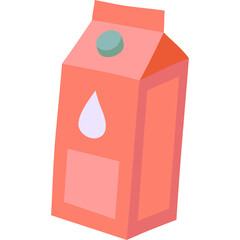 Salmon Pink Carton Of Milk With A Light Blue Cap And A White Water Drop Icon Isolated On A White Background Flat Design.