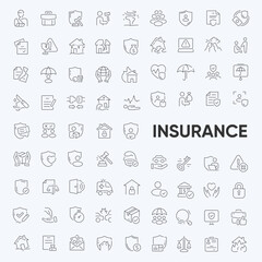 Insurance Icon Set. Include icons for assurance, disability, social, financial, policy, finance, health, life, protect, saving, security, risk, family, and shield