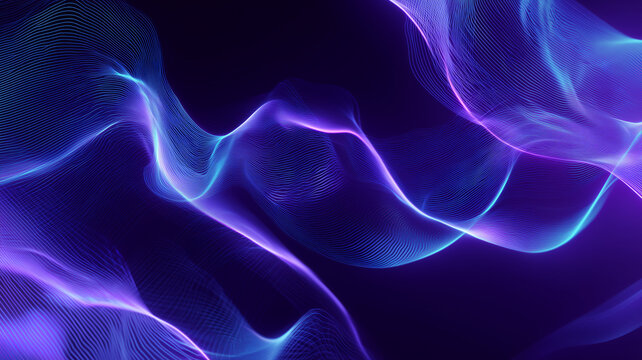 青と紫の抽象的な波形：テクノロジー・AI・データ通信をイメージした背景