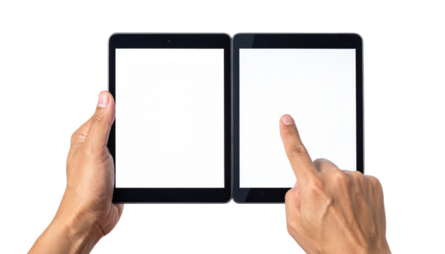 Hands holding two connected tablets with blank white screens against a dark background