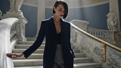 short hair woman - A woman in a formal outfit descends an elegant staircase, surrounded by marble sculptures and soft beams of light filtering through grand windows